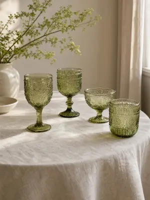 Collection Verrerie Vintage Gaufrée – Vert Olive