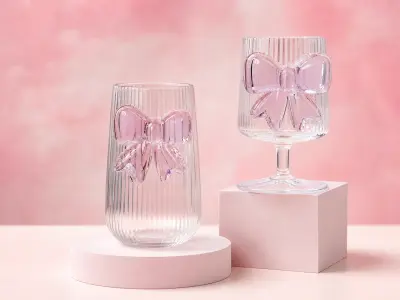🎀 Verres en Verre Nervuré avec Nœud Décoratif - Collection Romantique
