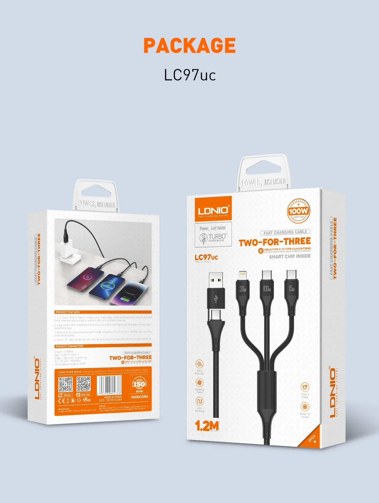 100W 2 In 3 Fast Charging Data Cable LC97uc