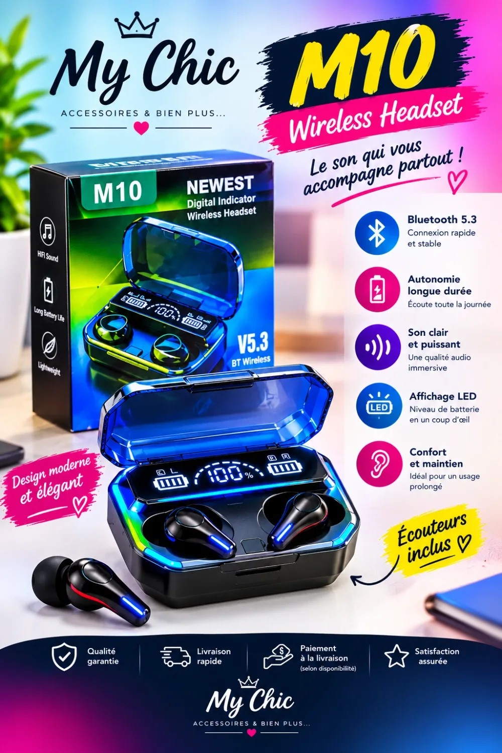Écouteurs Bluetooth M10 – Sans Fil