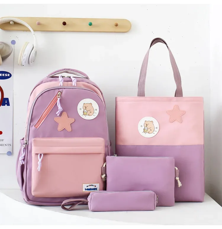 Sac à Dos Multifonctionnel Kawaii Grand Volume Imperméable et Résistant 4Pcs Bleu et Beige SACKDS02B - حقيبة ظهر بعدة قطع بتصميم كاوايي