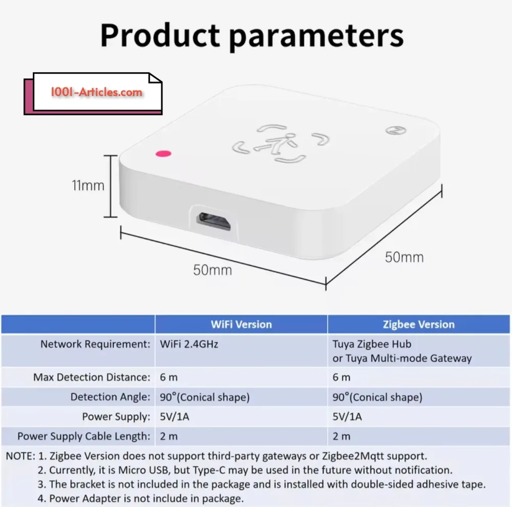 Capteur de présence PIR, Tuya Smart, WiFi / Zigbee, USB