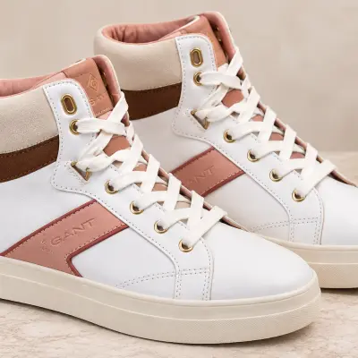 GANT Avona – Baskets Montantes Femme en Cuir Blanc et Rose