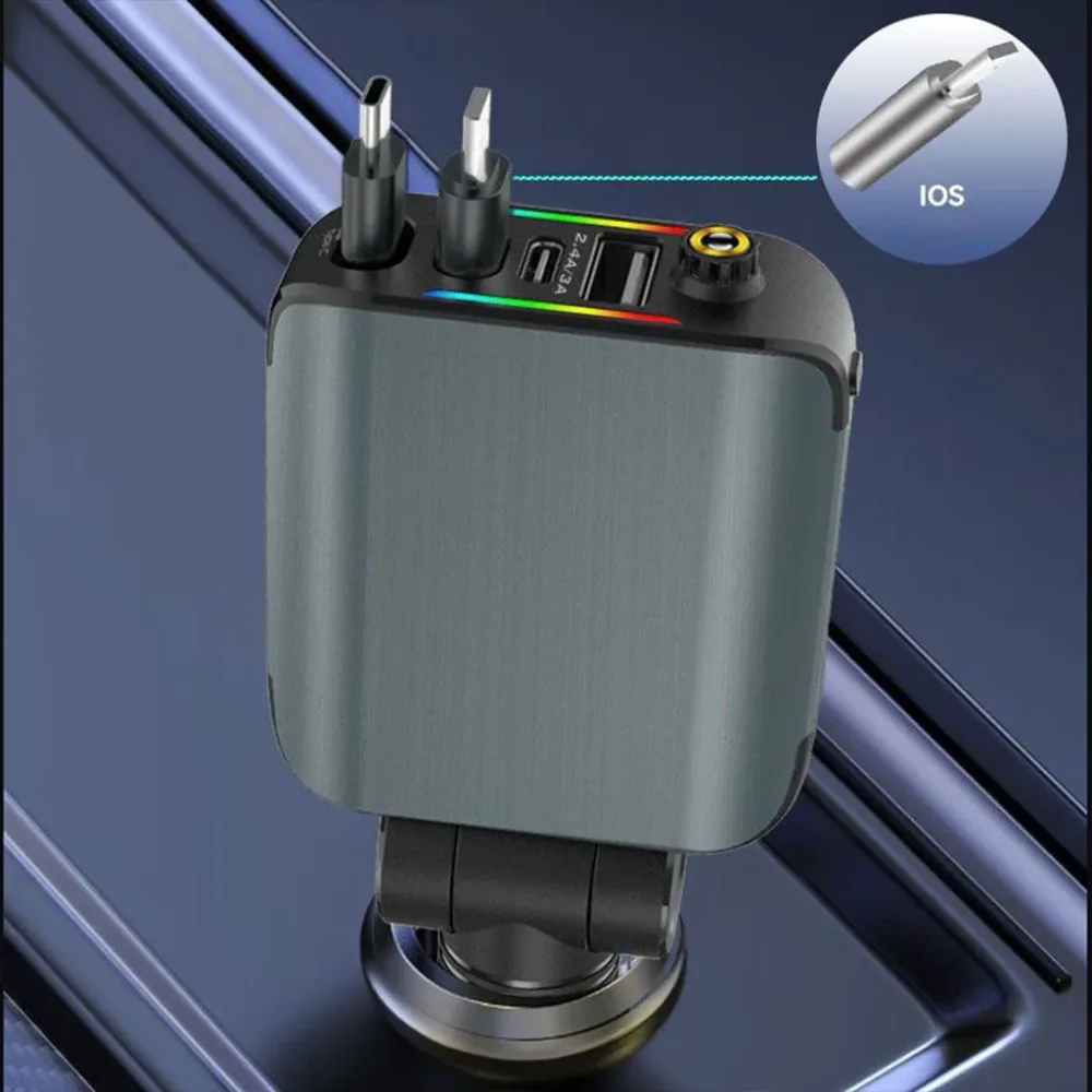 Chargeur Voiture 4en1 Rétractable 120W avec toit Starlight pour téléphones iOS et Android- شاحن سيارة متعدد المنافذ