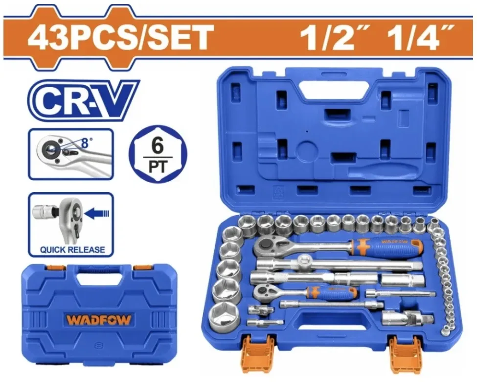 Caisse à Outils 43 Pièces à Cliquet 1/2" 1/4" WADFOW WST3D43