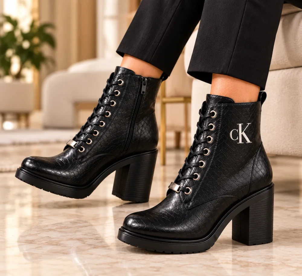 Bottines Femme Calvin Klein à Lacets en Noir – Talon Bloc