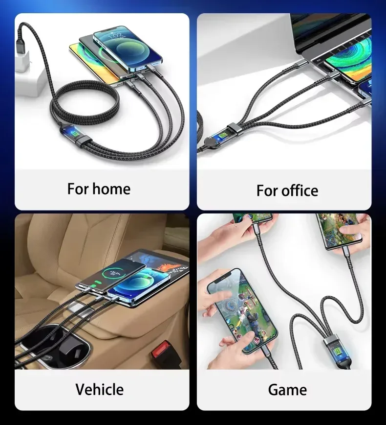 Câble 3-en-1 Charge Rapide avec Affichage LED – Type-C, Lightning & Micro USB