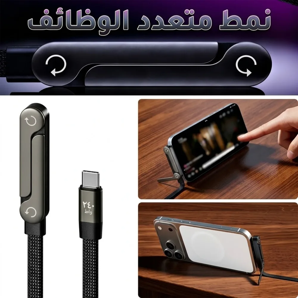 كابل شحن سريع USB-C بقوة 240 واط مع حامل هاتف قابل للدوران