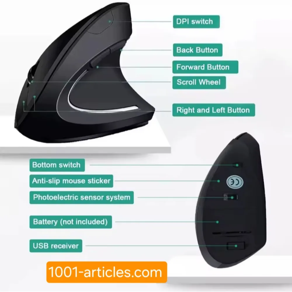 Souris verticale ergonomique sans fil 2.4 GHZ, 06 boutons.