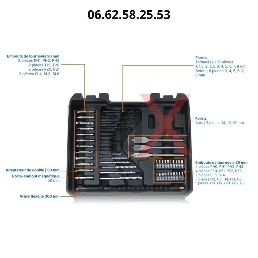 Visseuse Perceuse à Percussion Sans Fil 2 Batteries 20v 2Ah avec Kit d’outils et d’accessoires 62Pcs CROWN CT21102H-2-(62) EK