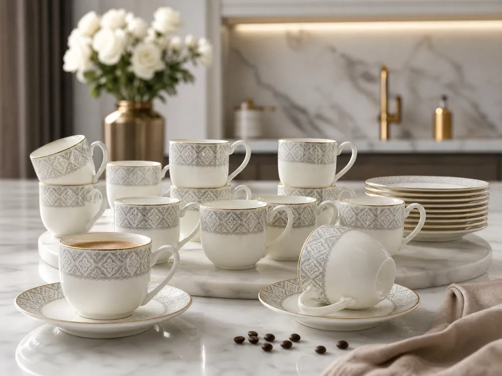 ☕ Service à Café/Thé en Porcelaine 24 Pièces - Motif Géométrique Argenté
