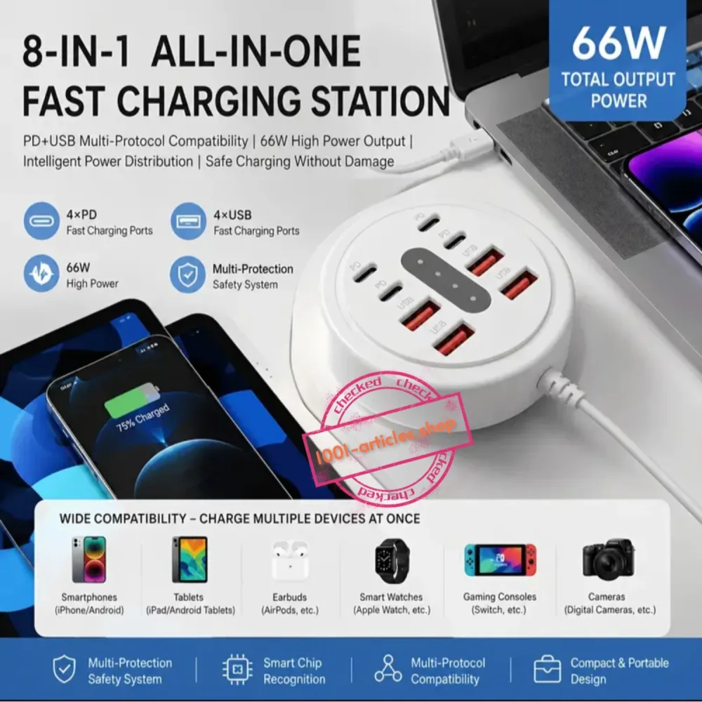 Prise multiport - Hub d'alimentation 08 en 01 - Fast Charge PD 66w et QC 3.0