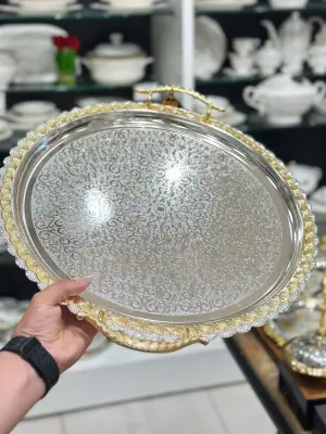 Plateau Rond de Service Argenté & Doré – "Silver Tableware"