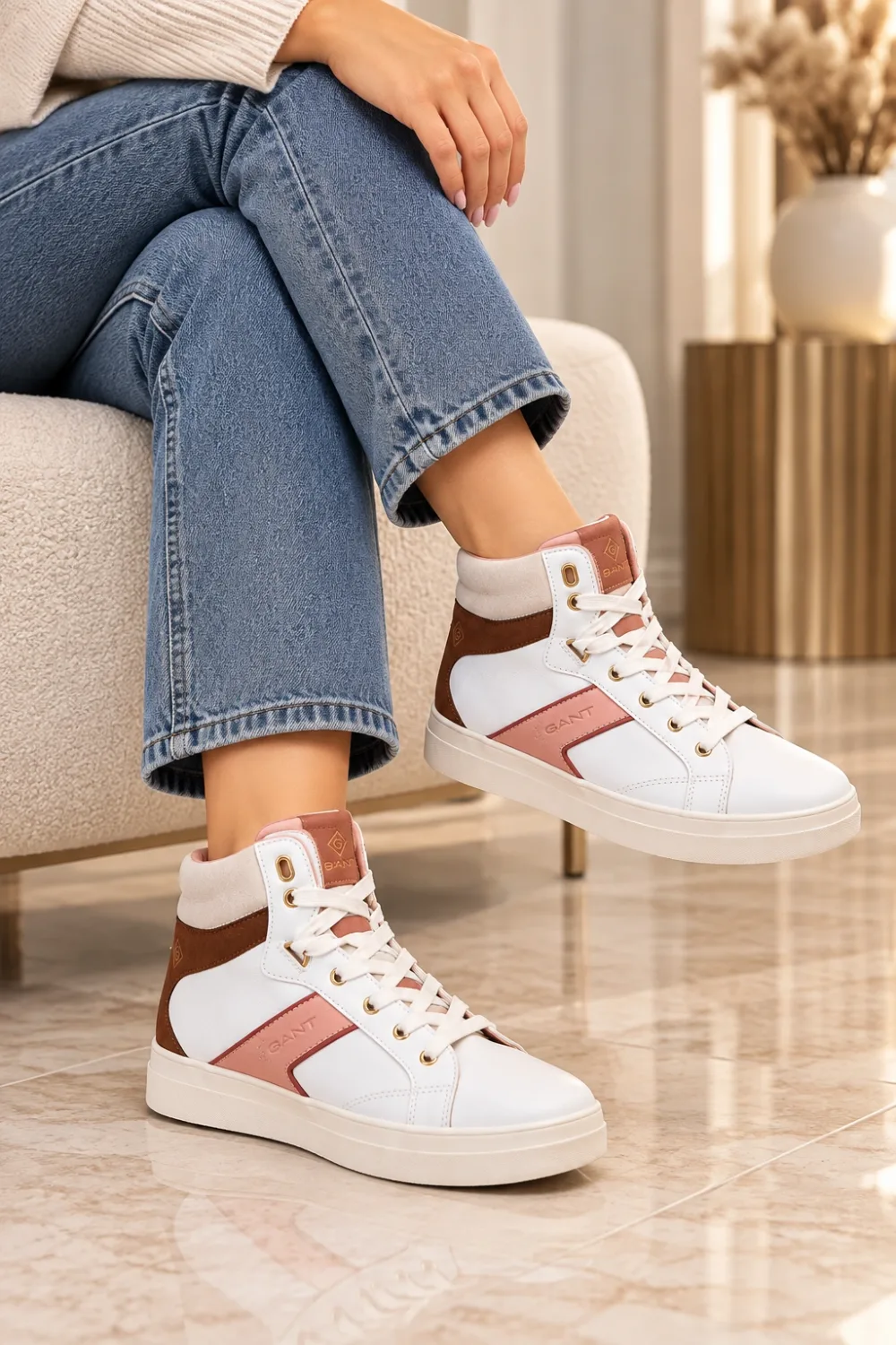 GANT Avona – Baskets Montantes Femme en Cuir Blanc et Rose