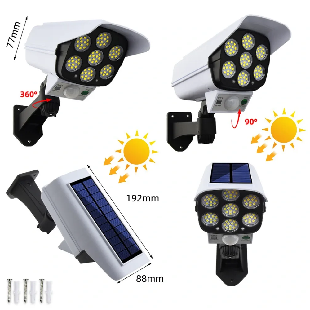 مصباح LED شمسي مقاوم للماء بتقنية SMD 77، مصباح خارجي للحديقة أو الشارع، مصباح حائط يعمل بالطاقة الشمسية على شكل كاميرا وهمية، مصابيح خارجية
