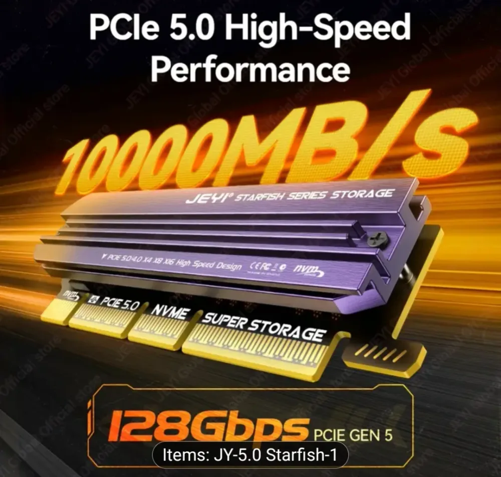 JEYI M.2 NVMe to PCle 5.0 Expansion Card PCle X4/X8/X16 Card 128Gbps Backward Compatible with PCle 4.0/3.0 for Win/Linux/Moc Os