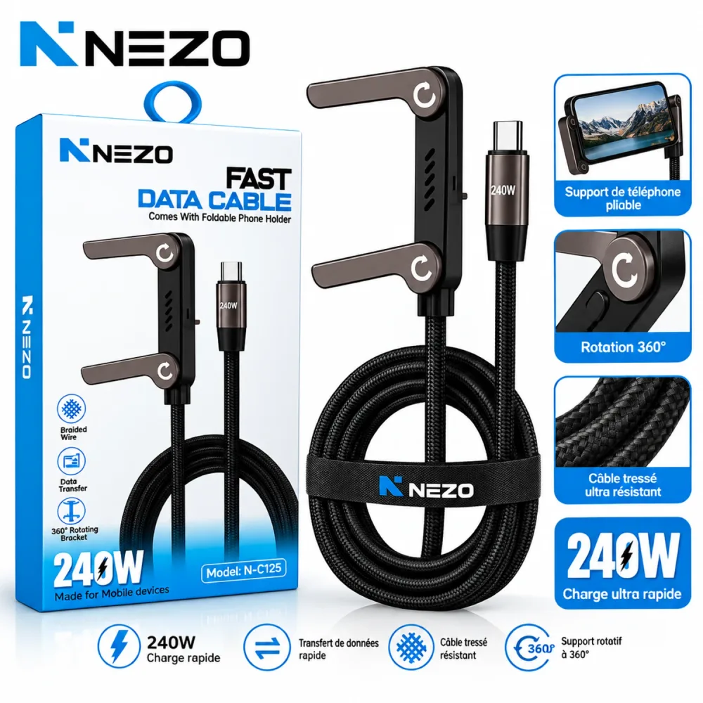 كابل NEZO 2 في 1 – شحن سريع + حامل هاتف قابل للطي 360°