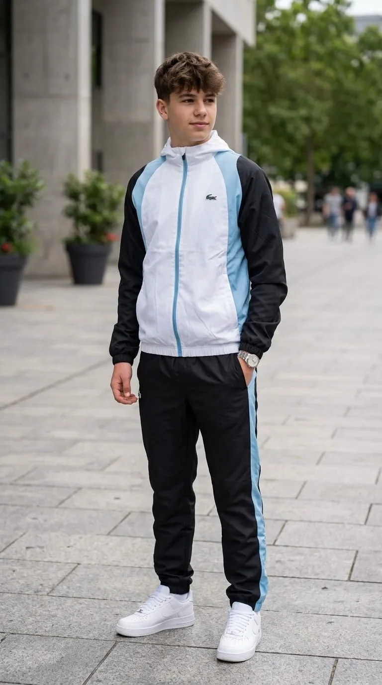 طقم رياضي ولادي 3 بياس Lacoste – جاكيت + تيشورت + سروال بتصميم عصري