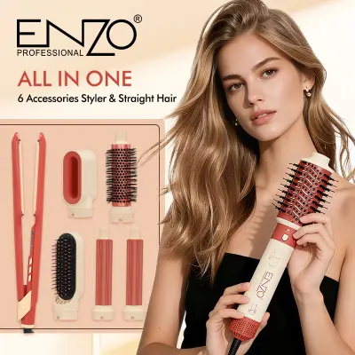 مجموعة تصفيف الشعر المتكاملة ENZO Professional EN-6601 باللونين الأحمر والبيج، تتضمن مجفف شعر، وبكرات تجعيد، ومكواة فرد الشعر