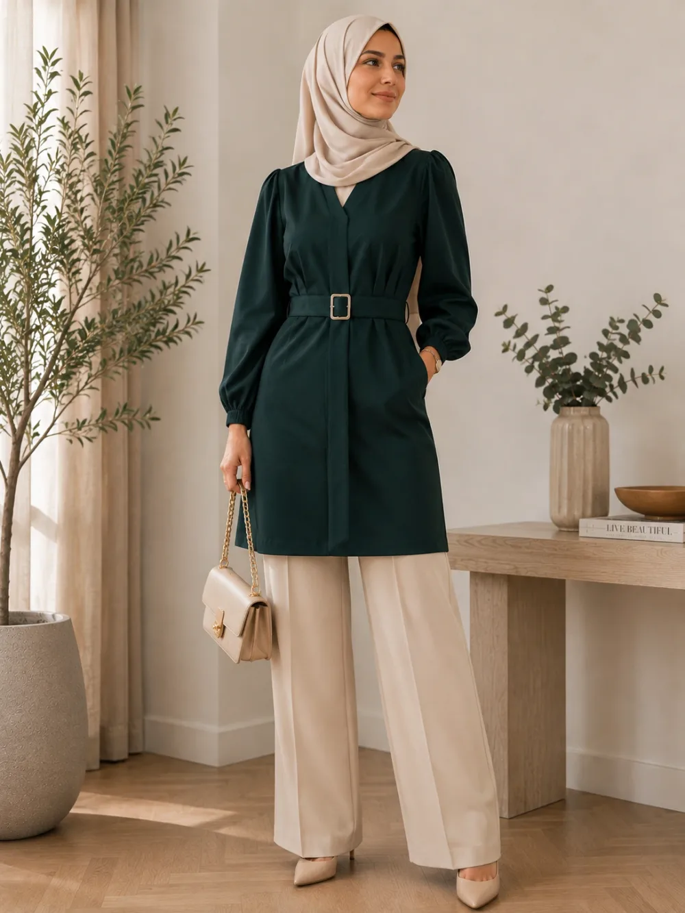 Robe courte femme Mango vert foncé à manches bouffantes et ceinture à boucle – Taille M