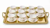 ☕ Service à Café/Thé en Porcelaine 24 Pièces - Collection Dorée Élégance