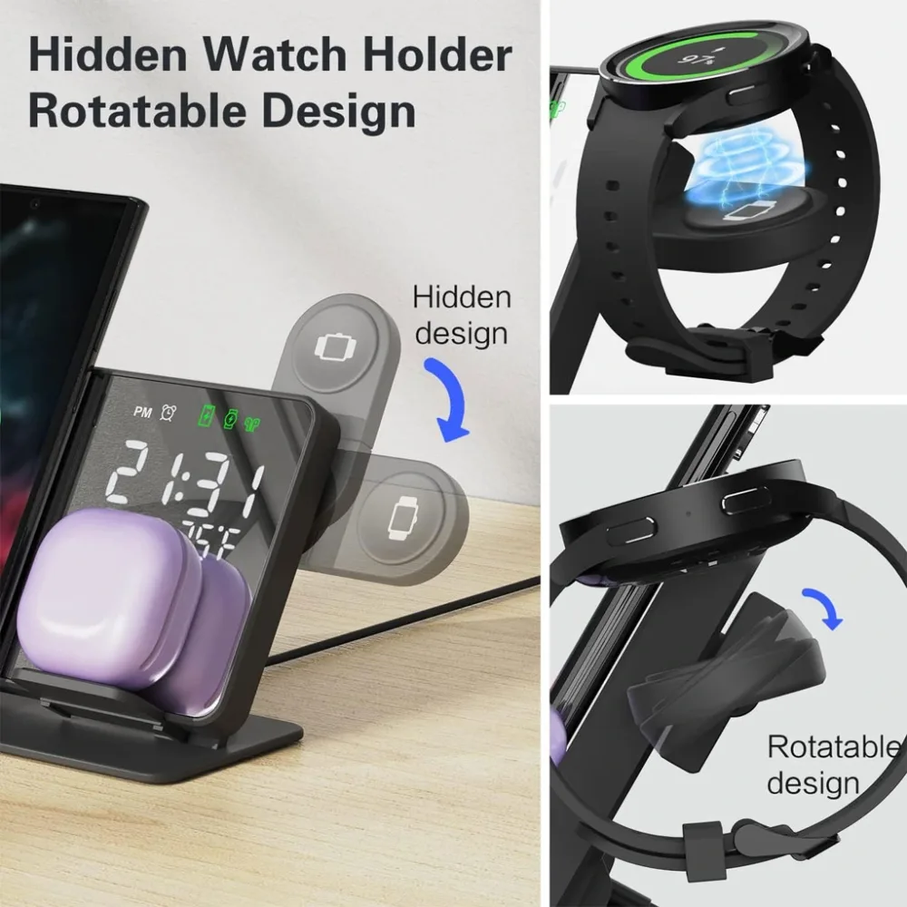 Chargeur sans fil 4 en 1 et station de charge ultra rapide avec Miroir Réveil integré