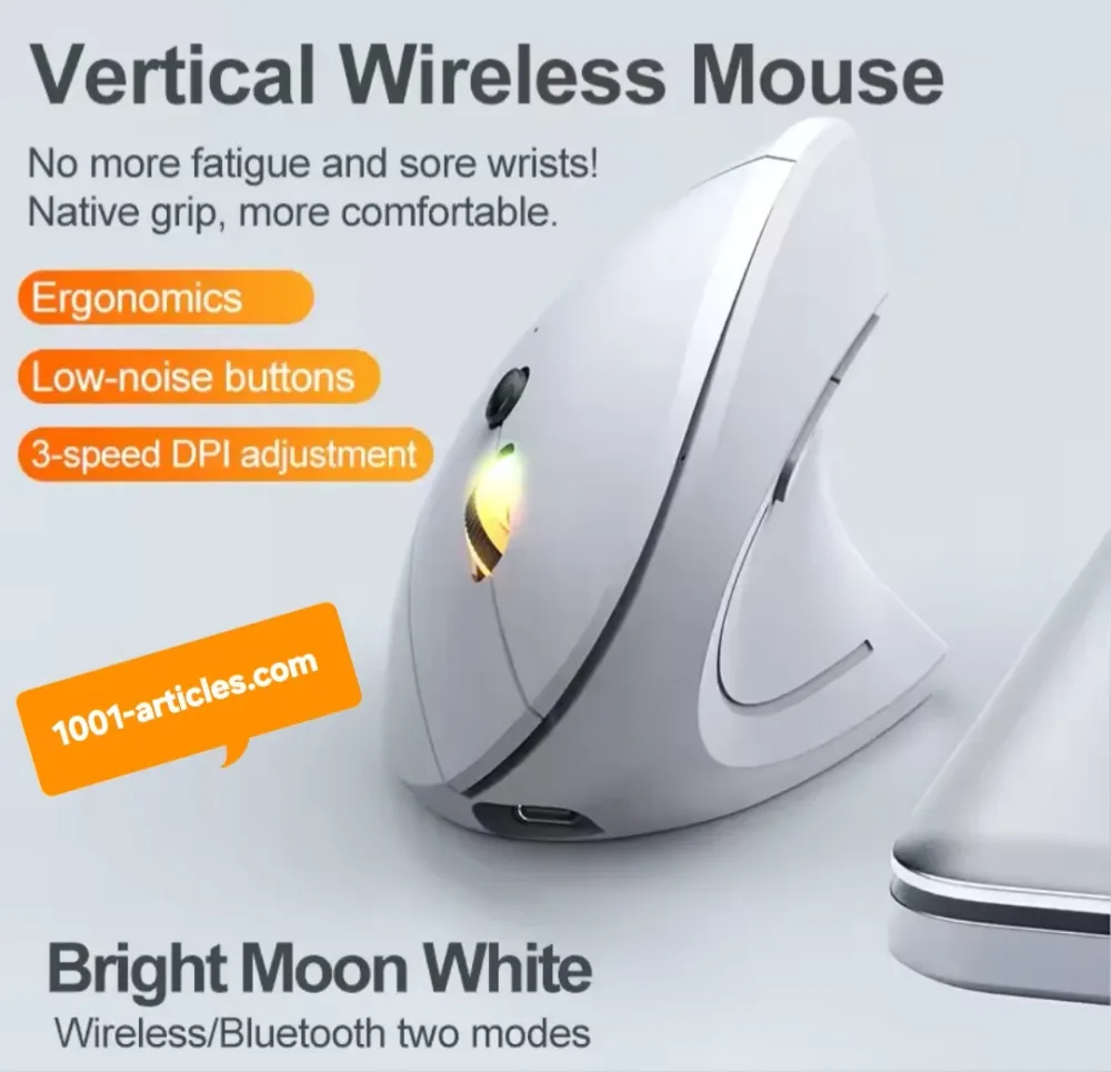 Souris verticale sans fil Bluetooth et RF 2.4GHz, Rechargeable, Ergonomique.