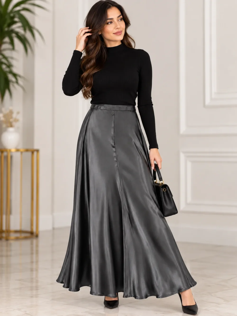 Jupe midi satinée Zara ZW Collection gris anthracite – Taille M