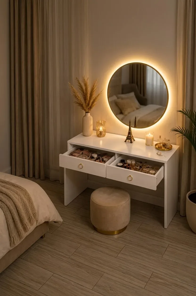 👆 كوافوز عصري ( 80×30 سنتم )مع مرآة LED مضيئة (65×65 سنتم ) ✨️🪞 | أناقة وترتيب في قطعة واحدة ✨️.
