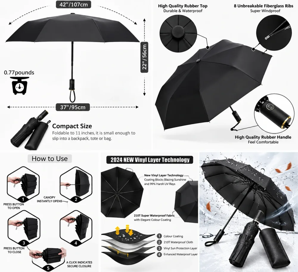 Parapluie Automatique Coupe-Vent avec Protection UV - مظلة أوتوماتيكية مقاومة للرياح وأشعة الشمس