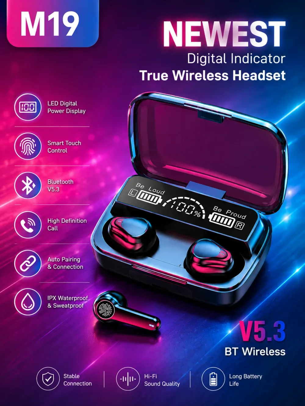 M19 True Wireless Bluetooth Earbuds V5.3