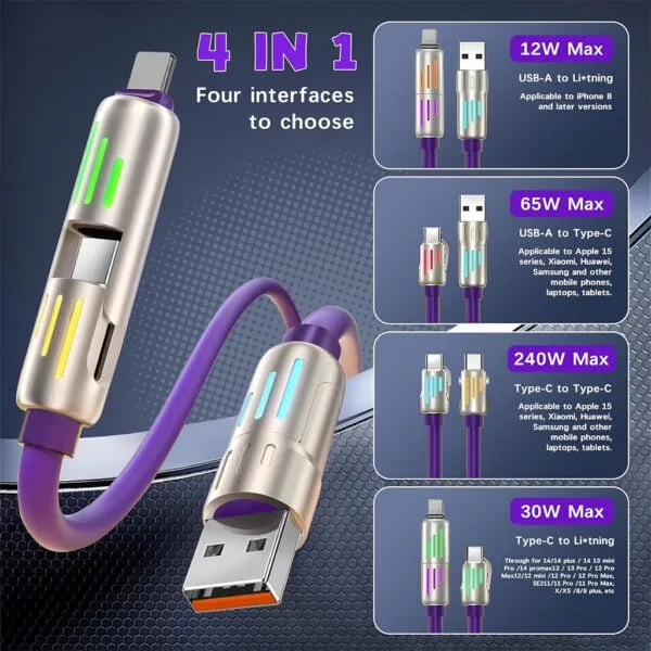 Câble de charge multifonction 4 en 1 USB C, A et Lightning 240W – كابل شحن متعدد الرؤوس