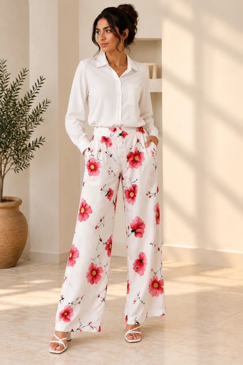 Pantalon fluide fleuri blanc et rouge – Terranova