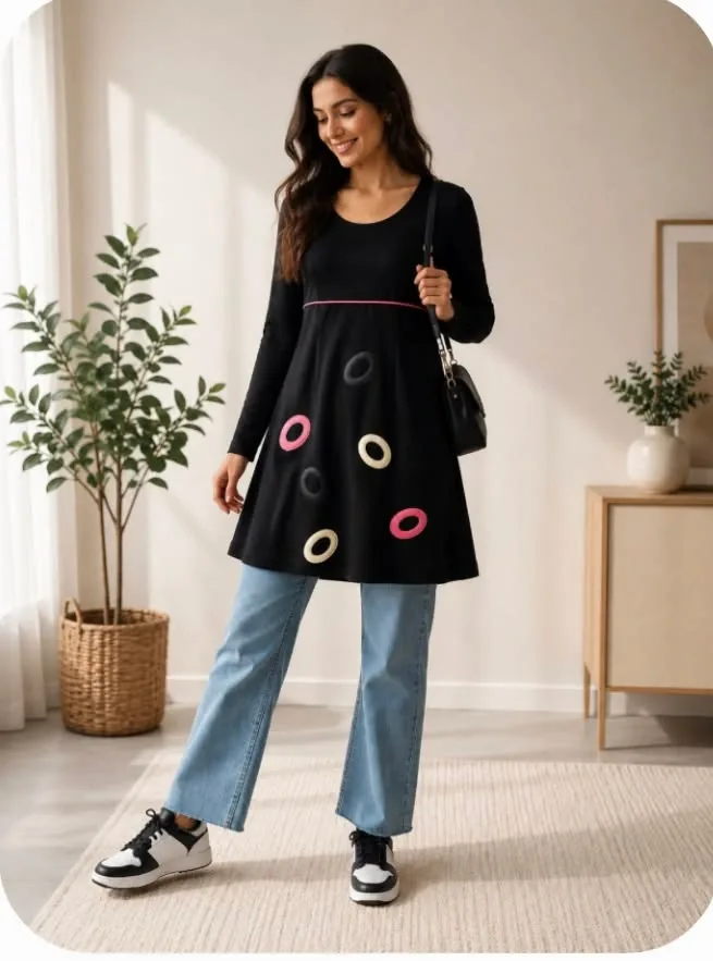 Tunique noire à motifs graphiques colorés – PIÙ & PIÙ