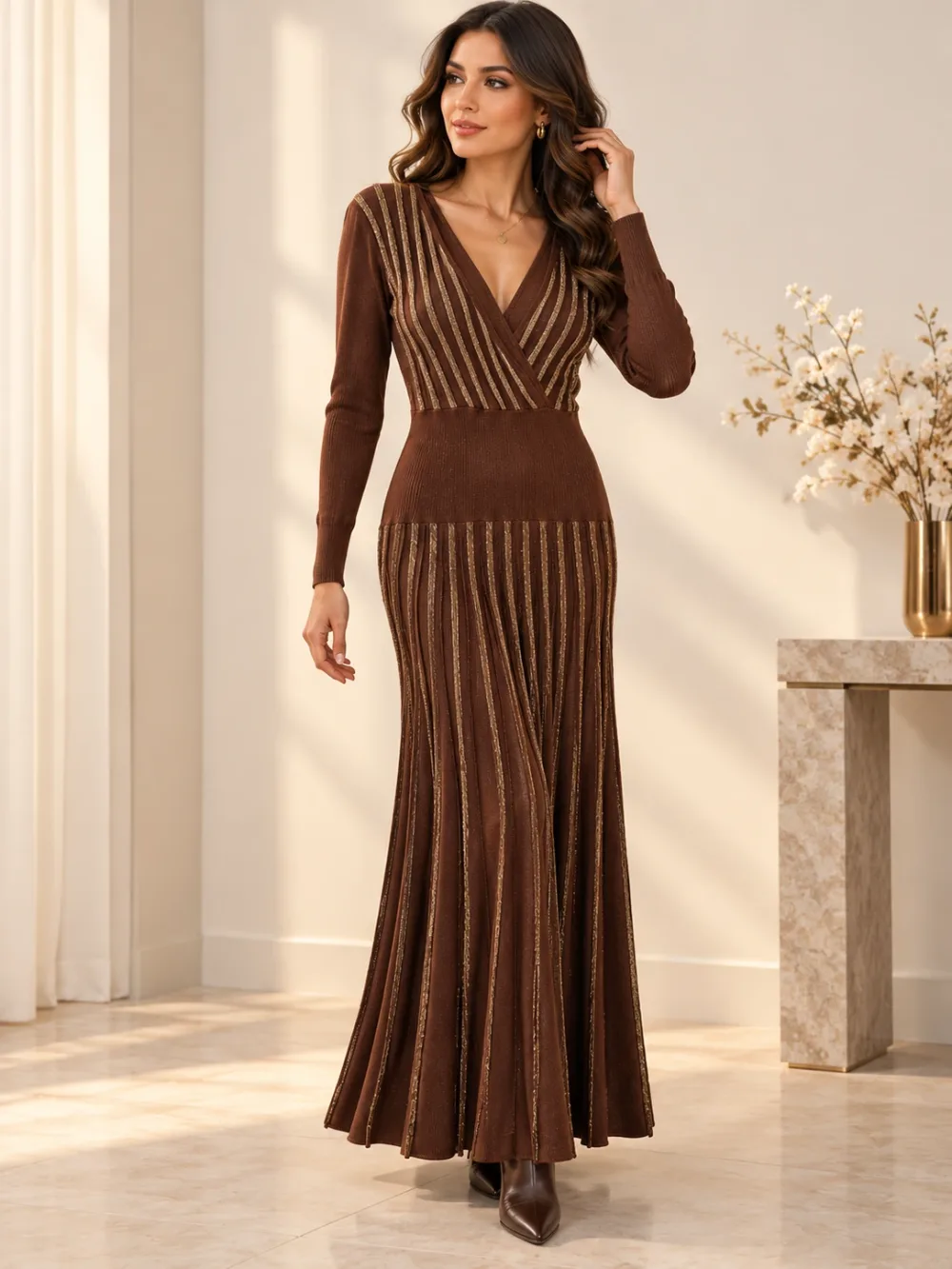 Robe longue en maille marron à détails dorés – Morgan