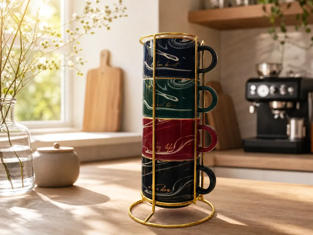 Set de 4 Tasses à Café en Céramique avec Support Doré