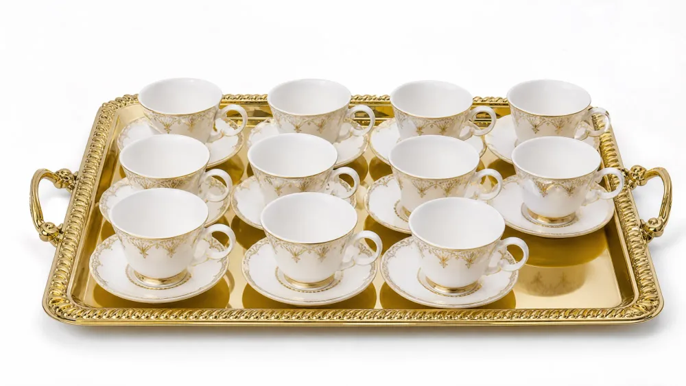 ☕ Service à Café/Thé en Porcelaine 24 Pièces - Collection Dorée Élégance