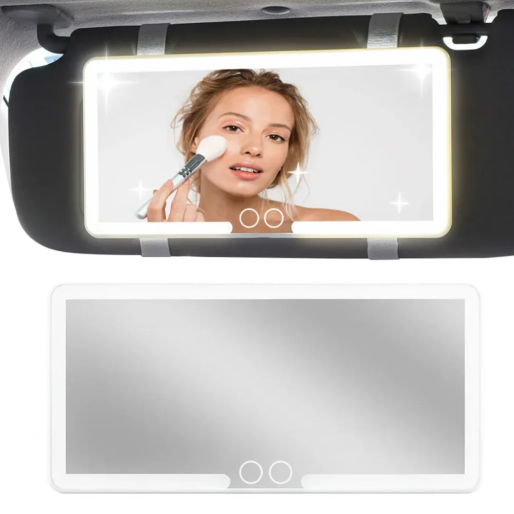 Miroir de courtoisie rechargeable double buttons avec 3 modes d’éclairage – مرآة مكياج مضيئة للسيارات
