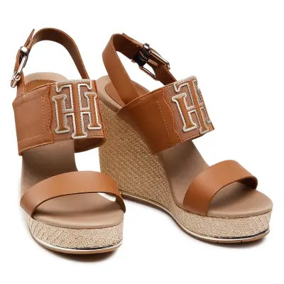 Sandales Femme Tommy Hilfiger en Cuir Marron Camel – Talon Compensé