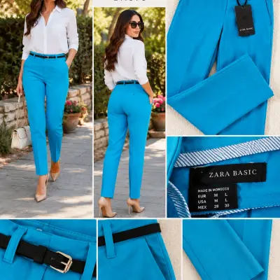 Pantalon Femme Zara Basic Bleu Turquoise avec Ceinture