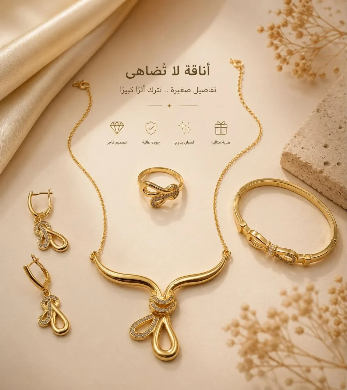 Parure Rigide "Ruban d'Or" (4 Pièces) – Courbes Fluides & Strass Scintillants