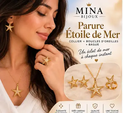 Parure Étoile de Mer  Acier inoxydable (collier + boucles d'oreilles + bague).