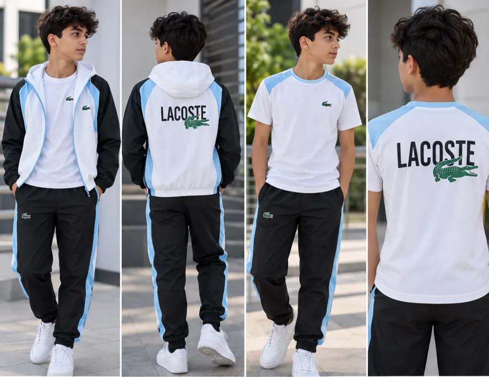 طقم رياضي ولادي 3 بياس Lacoste – جاكيت + تيشورت + سروال بتصميم عصري
