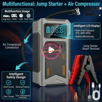 Kit de démarrage de voiture et Compresseur d'air numérique - JKUOO - 180 PSI
