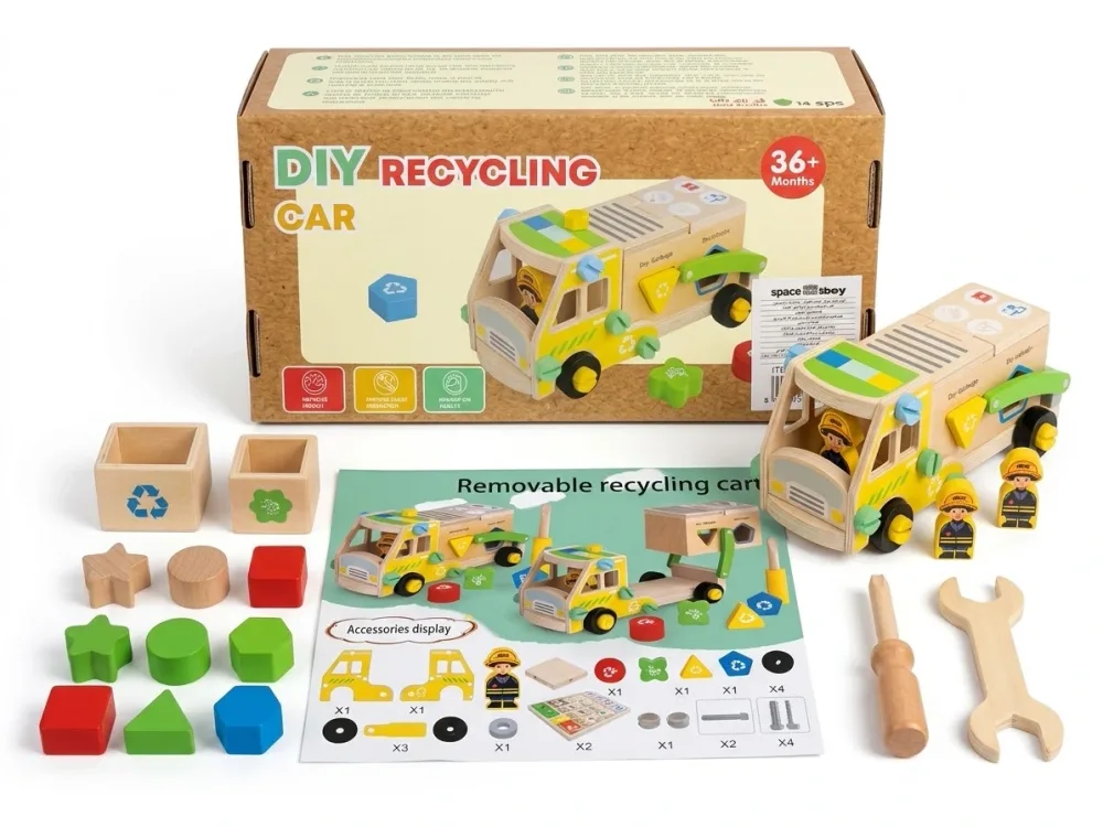 Space Boy Wooden Recycling Car (Garbage Truck) fine motor skill toy
