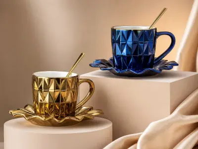 ☕ Tasse en Céramique Facettée avec Soucoupe Fleur - 180ml